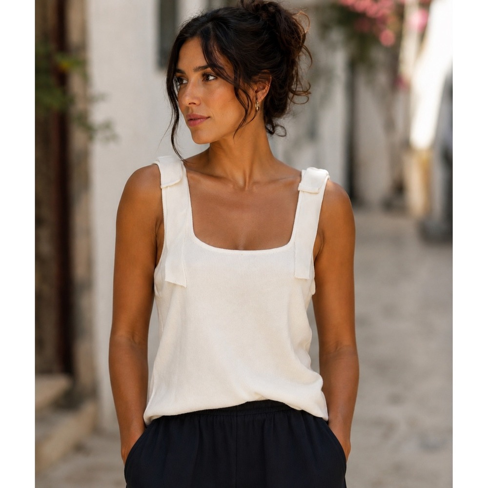 NWT Caroline Constas White Ribbed Knit Tie Shoulder Tank Square Neck Size Large